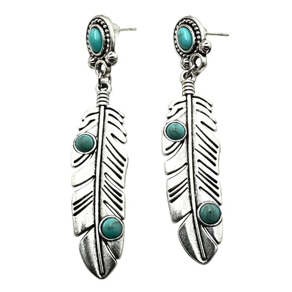Western Style Silver Tone Feather Pierced Earrings Blue Faux Turquoise 2 Inch - Picture 1 of 4